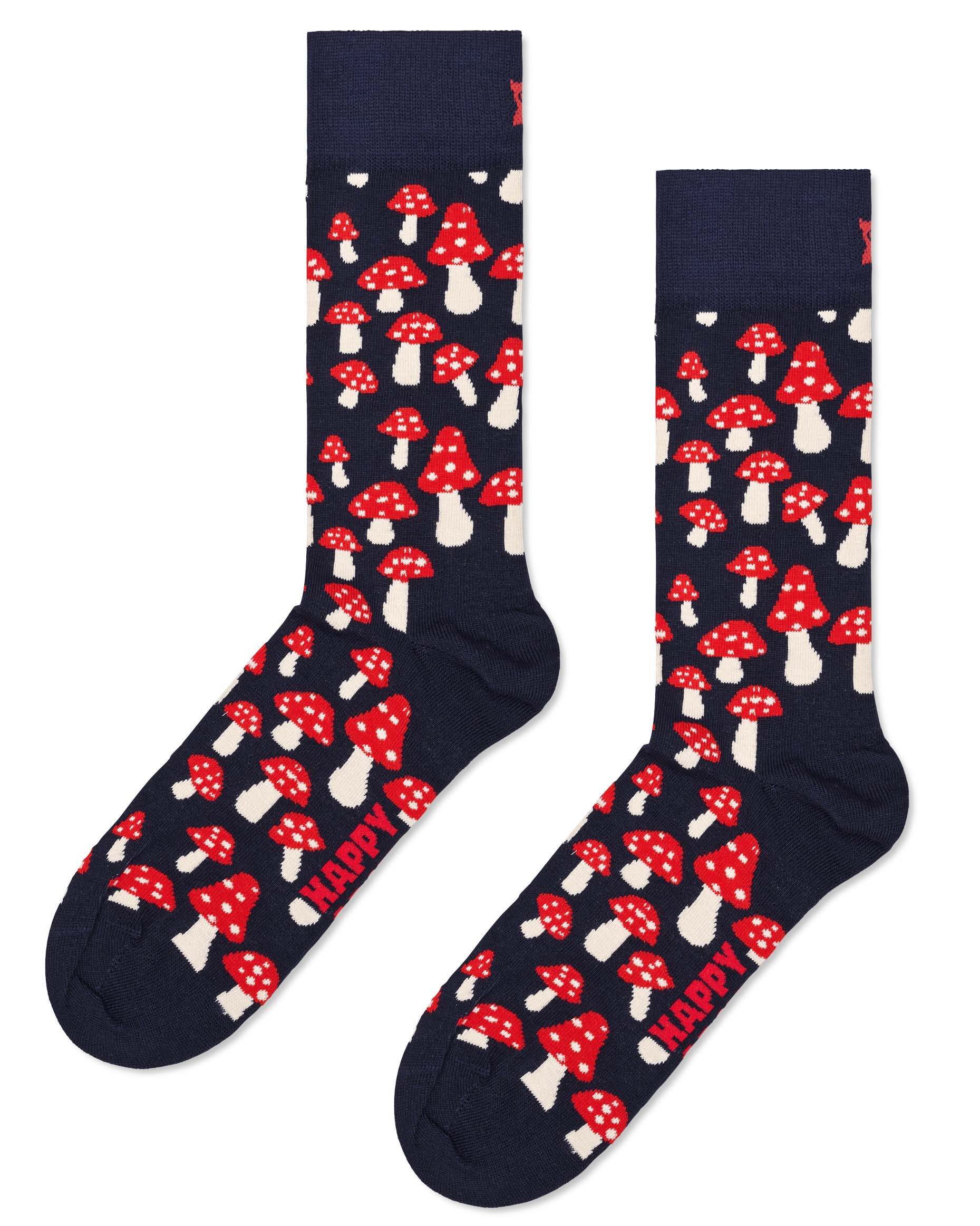 Happy Socks P000040 Mushroom Socks - Navy cotton crew socks with an all over red and cream mushroom pattern.