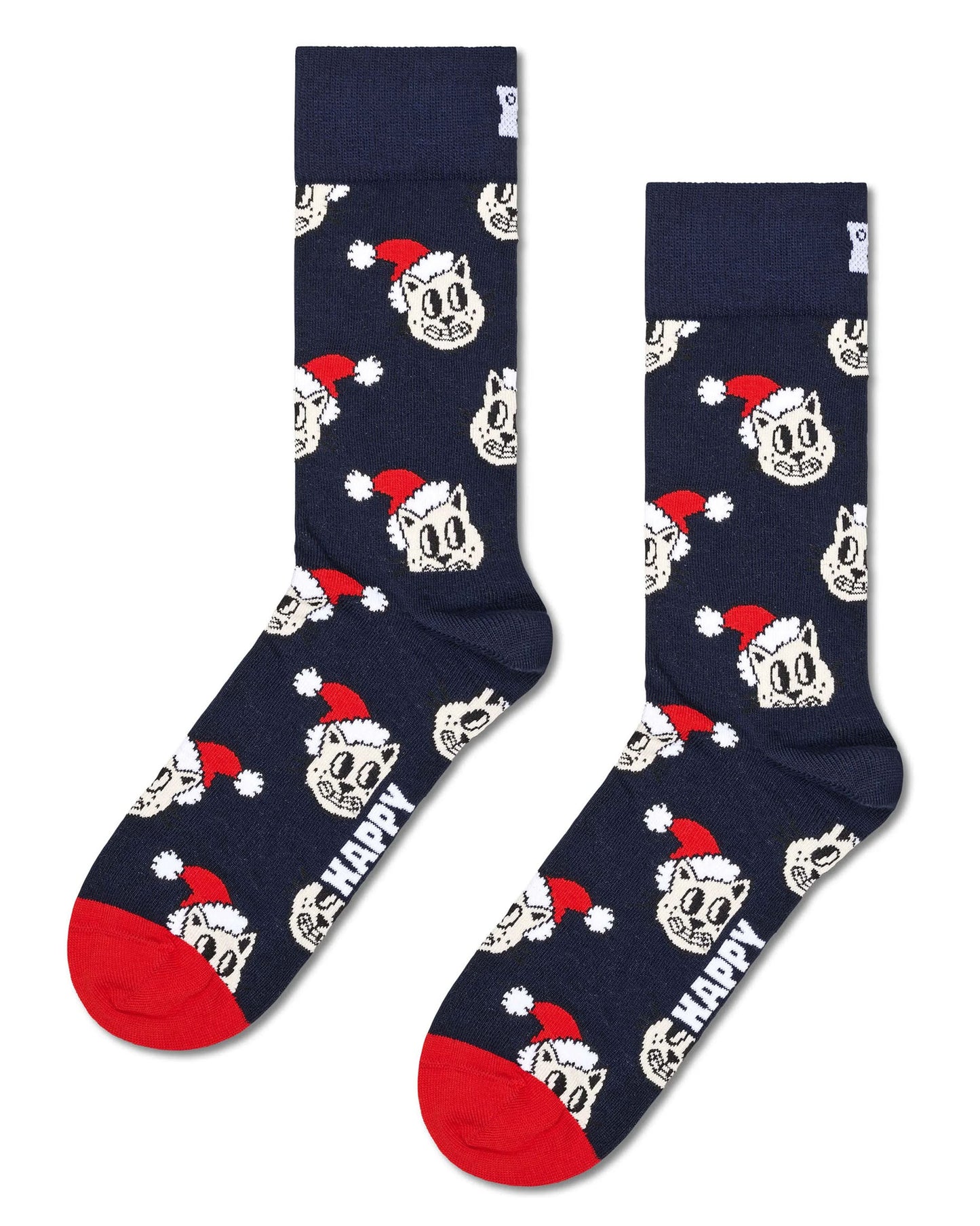 Happy Socks Holiday Cats - Navy cotton crew length ankle socks with an all over pattern of cartoon cat faces wearing a red Santa Claus hat