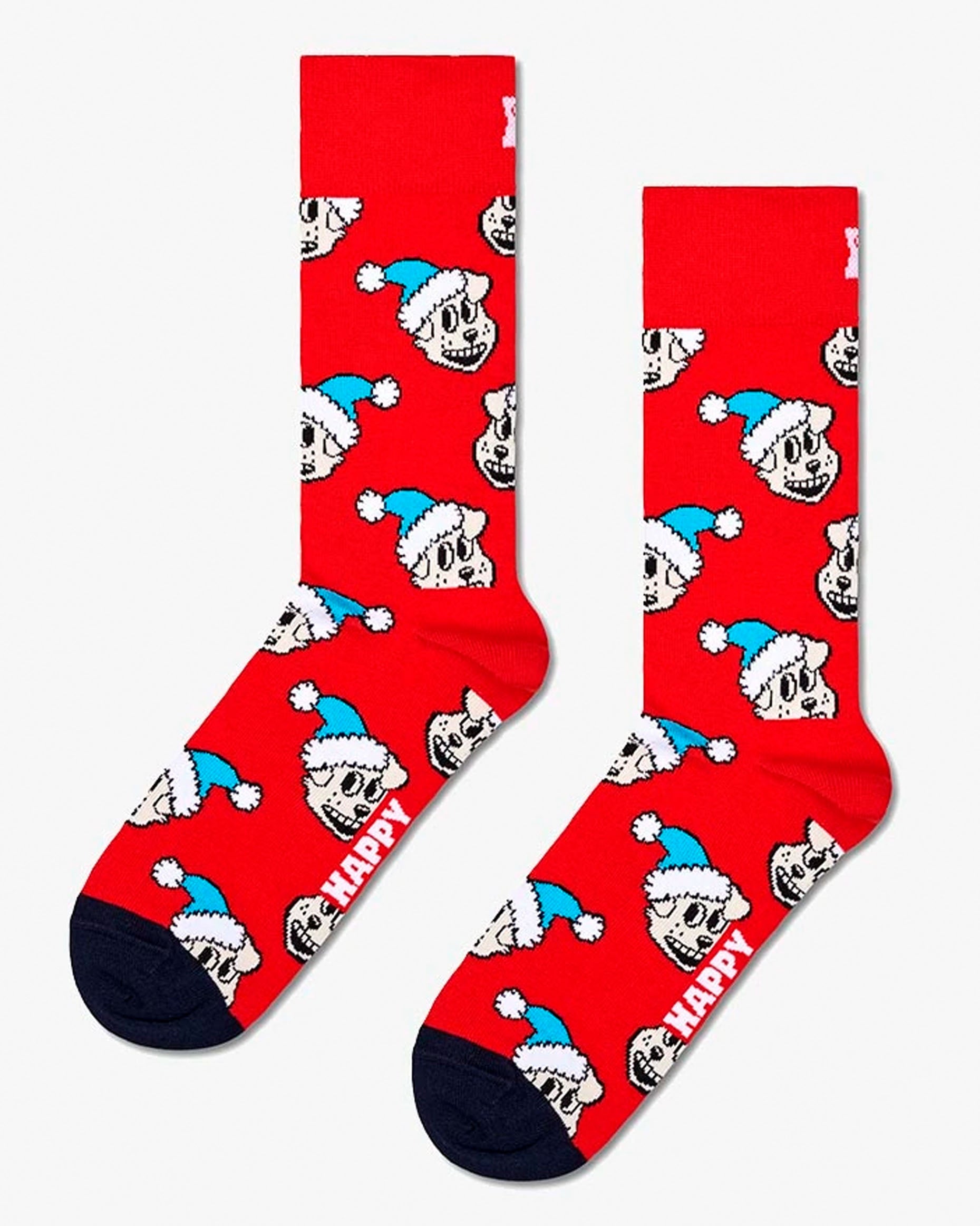 Happy Socks Holiday Doggo Sock - Red cotton crew length ankle socks with an all over cartoon dog wearing a blue Santa hat pattern, deep cuff, shaped heel and black toe.