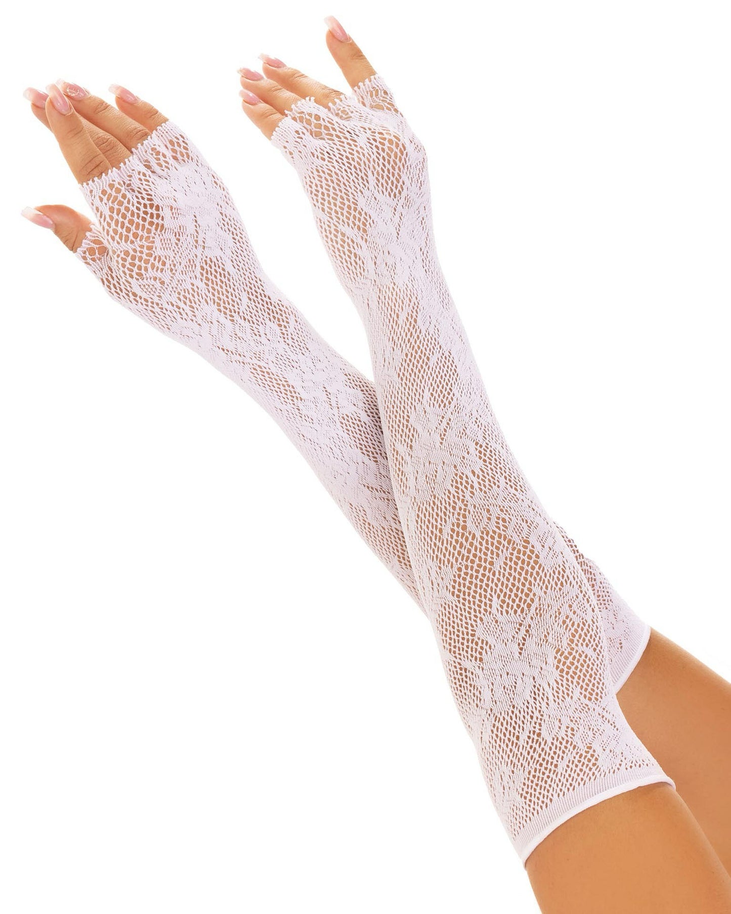 Leg Avenue 2034 Floral Net Opera Fingerless Gloves - White openwork floral lace patterned opera length gloves with stretch, open fingers and thumbs.