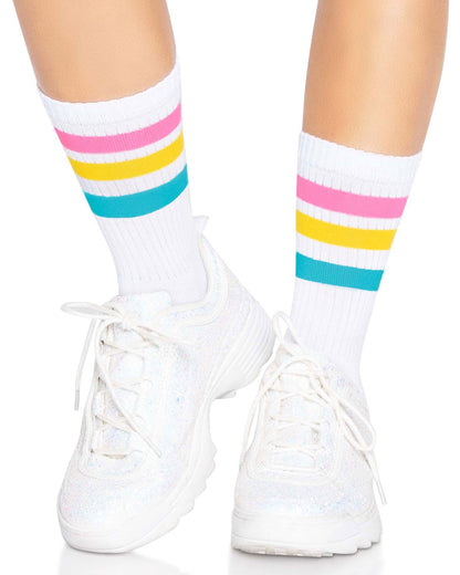 Leg Avenue 3014 Pride Crew Socks - White ankle socks with a pink, yellow and blue sports style stripe cuff. Worn with chunky white trainers.