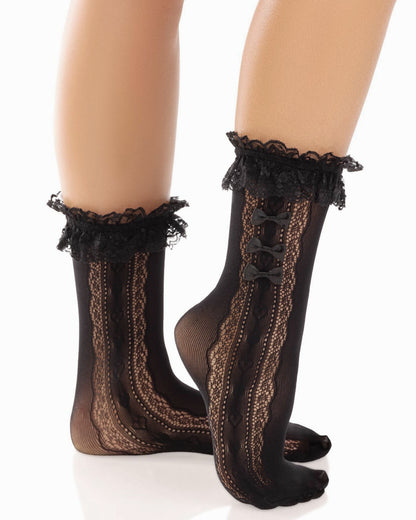 Leg Avenue 3983 Lace Bow Ruffle Heart Sock - Black opaque fashion ankle socks with an open heart lace style side panel with 3 small satin bows on the outside and frilly lace cuff.