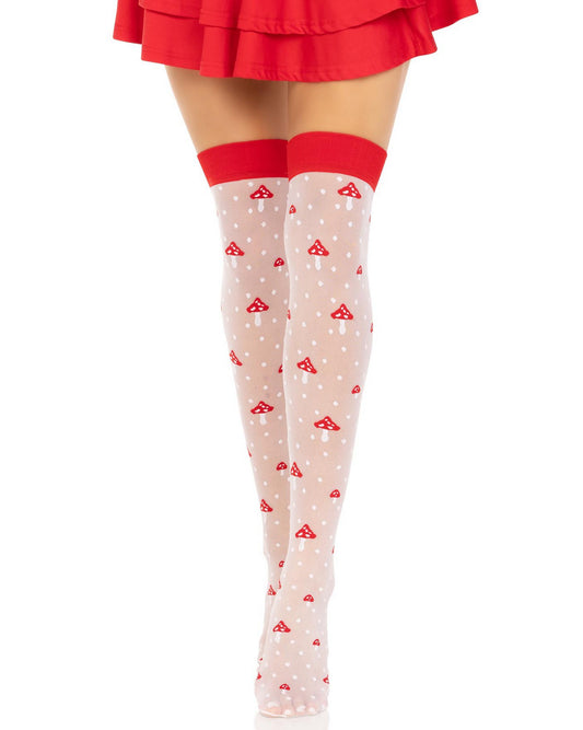 Leg Avenue 6217 Mushroom Thigh Highs - Sheer white thigh high socks with a small white polka dot and red and white mushroom pattern and plain red elasticated cuff. Worn with red ra-ra skirt.