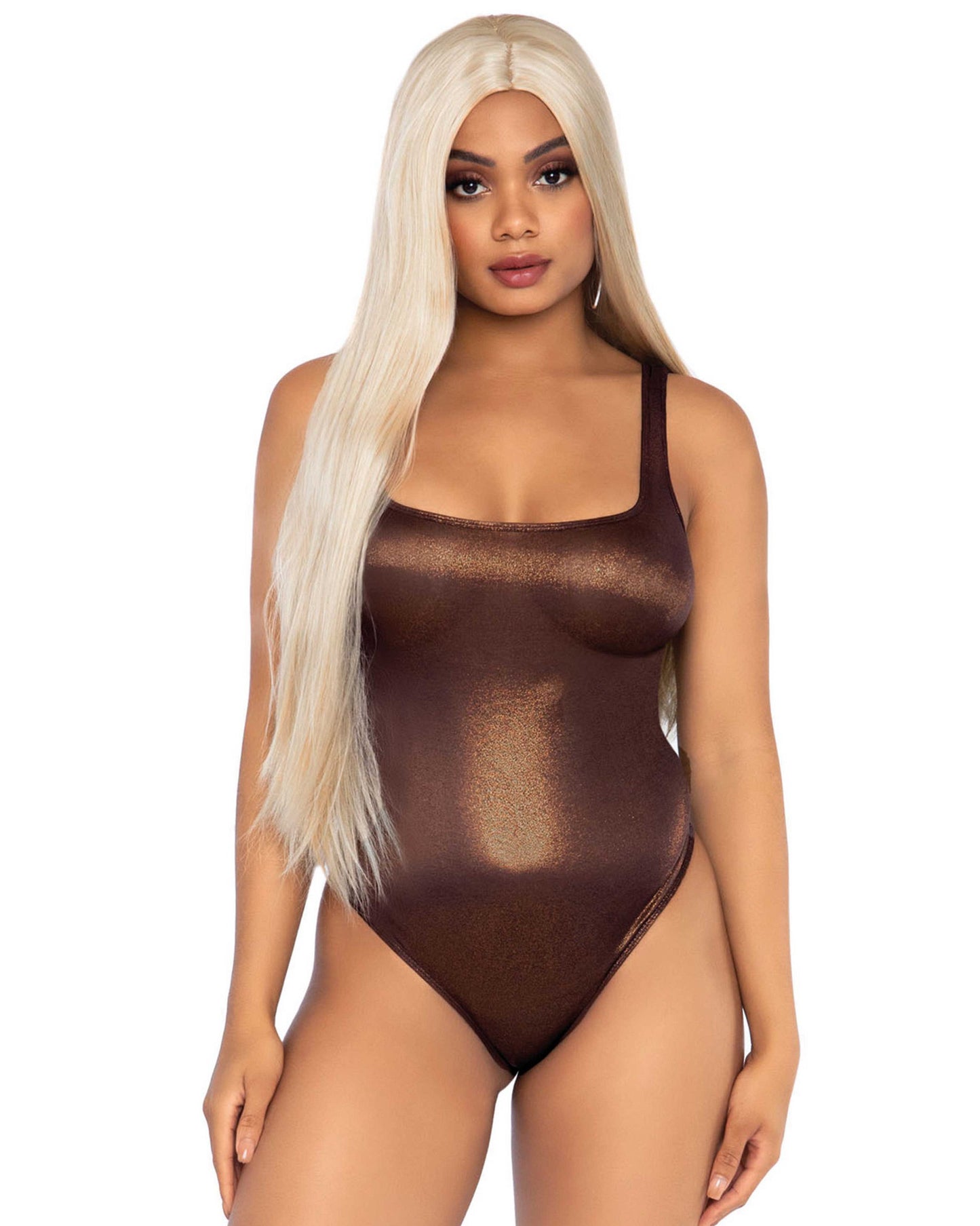 Leg Avenue 89265 Metallic Bodysuit - Black sleeveless tank body-top with an all over metallic copper/bronze micro dot print, thong back and snap fastener closures.