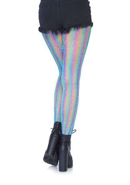 Leg Avenue 9308 Lurex Rainbow Fishnet Tights - Micro fishnet sparkly glitter tights with vertical rainbow coloured stripes.