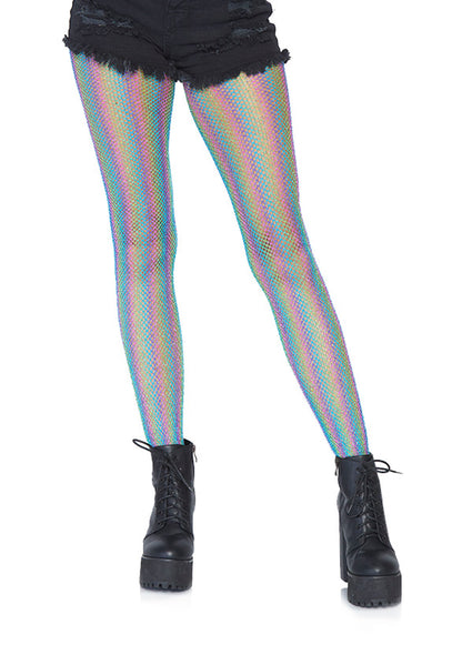 Leg Avenue 9308 Lurex Rainbow Fishnet Tights - Micro fishnet sparkly glitter tights with vertical rainbow coloured stripes.