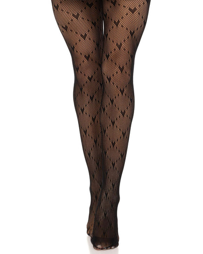 Leg Avenue 9704 Love Struck Net Tights - Black openwork fashion tights with a dotted diamond and hearts pattern and reinforced toe.