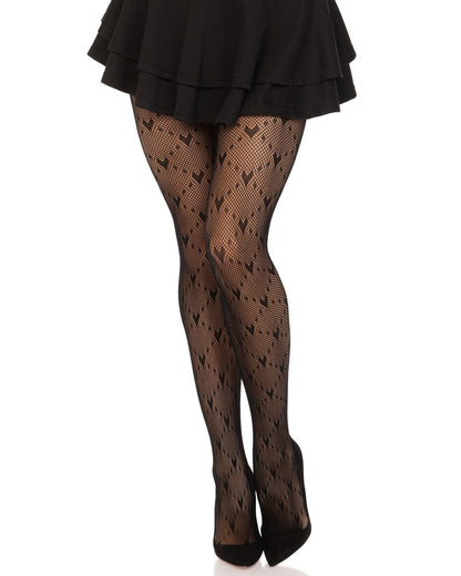 Leg Avenue 9704 Love Struck Net Tights - Black openwork fashion tights with a dotted diamond and hearts pattern and reinforced toe. Worn with black ra-ra skirt and point toe high heels.