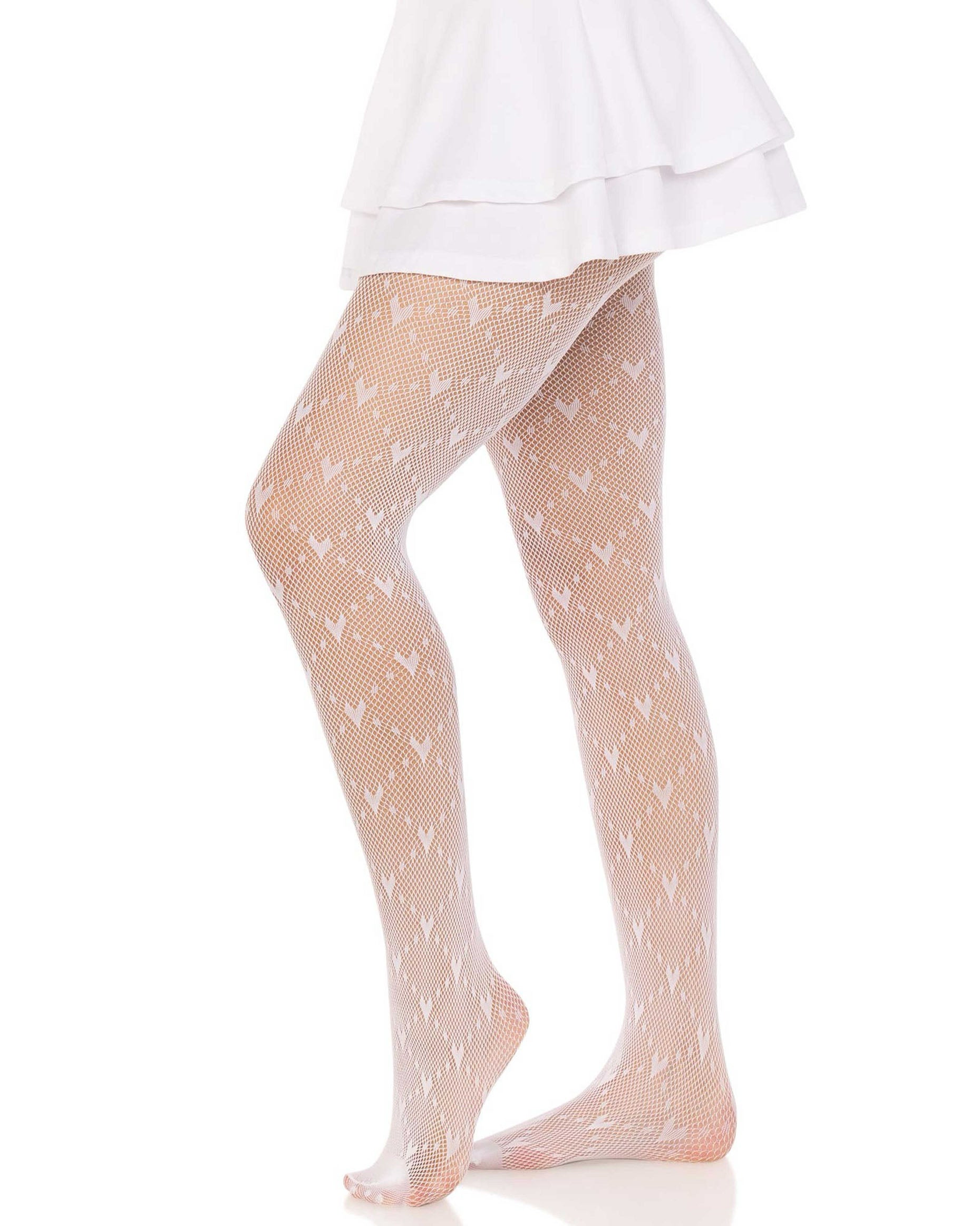 Leg Avenue 9704 Love Struck Net Tights - White openwork fashion tights with a dotted diamond and hearts pattern and reinforced toe, side view. Worn with a white frilly ra-ra skirt.