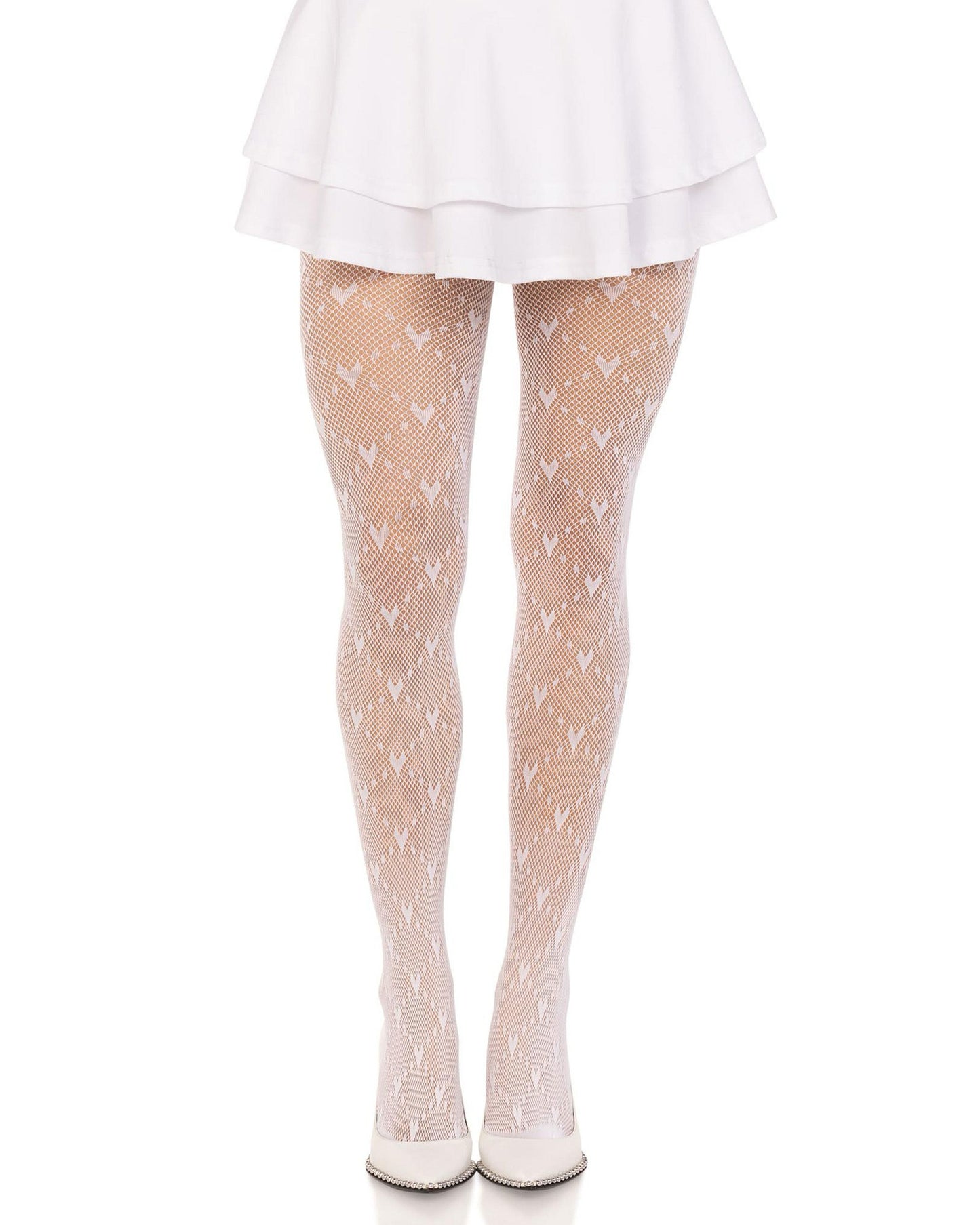 Leg Avenue 9704 Love Struck Net Tights - White openwork fashion tights with a dotted diamond and hearts pattern and reinforced toe. Worn with white ra-ra skirt and point toe high heels.