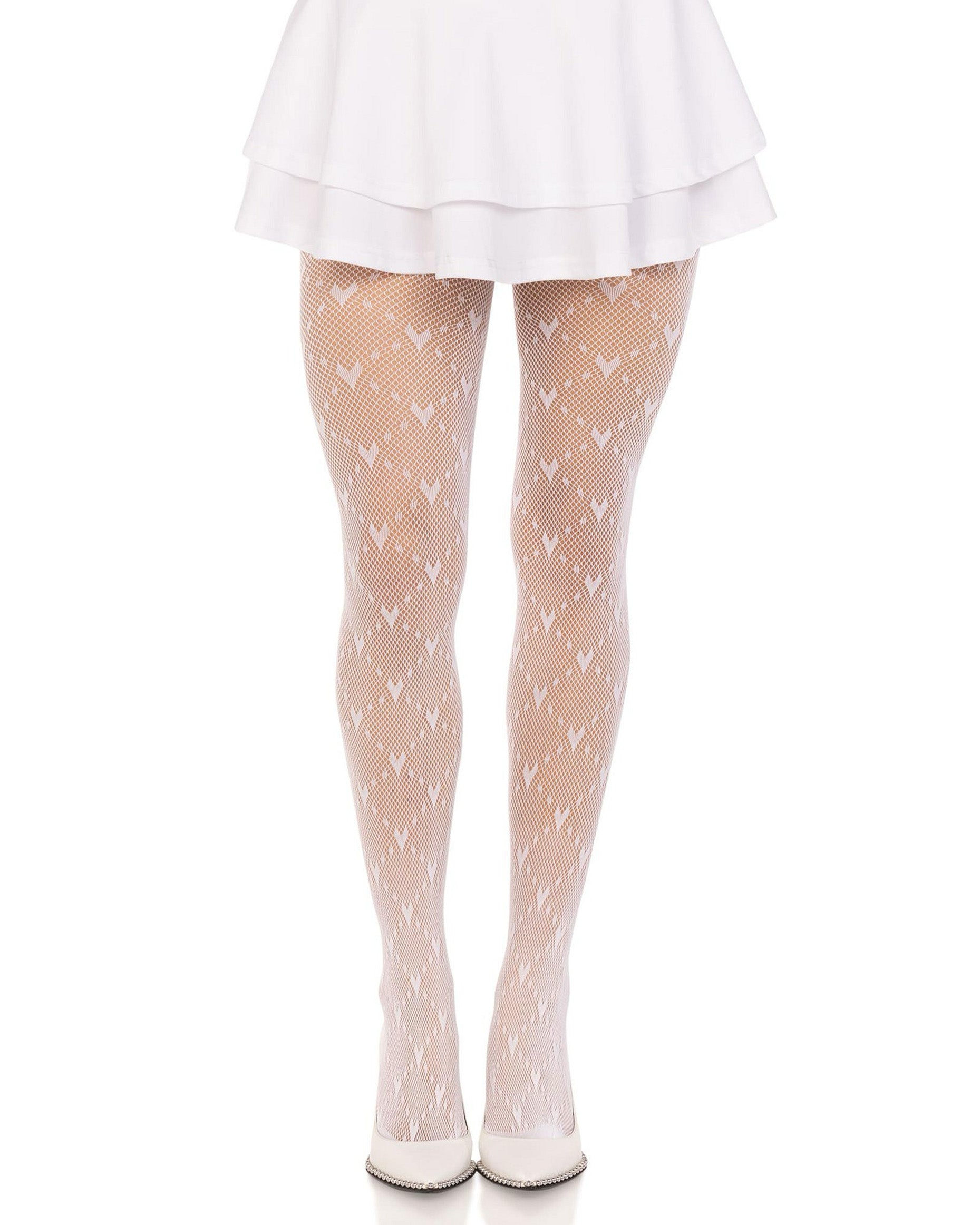 Leg Avenue 9704 Love Struck Net Tights - White openwork fashion tights with a dotted diamond and hearts pattern and reinforced toe. Worn with white ra-ra skirt and point toe high heels.