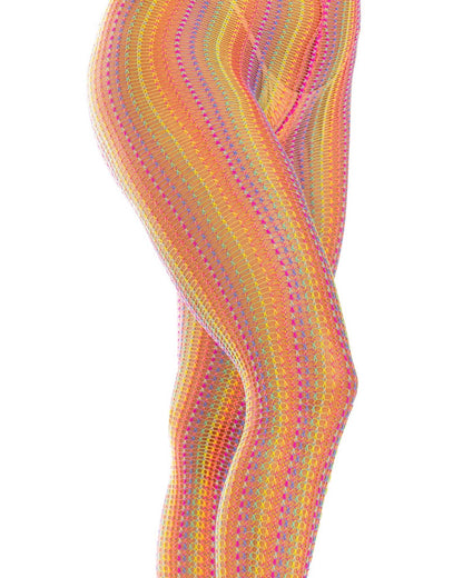 Leg Avenue 9732 Rainbow Crochet Net Tights - Openwork fashion tights with multicoloured vertical crochet style stripes.