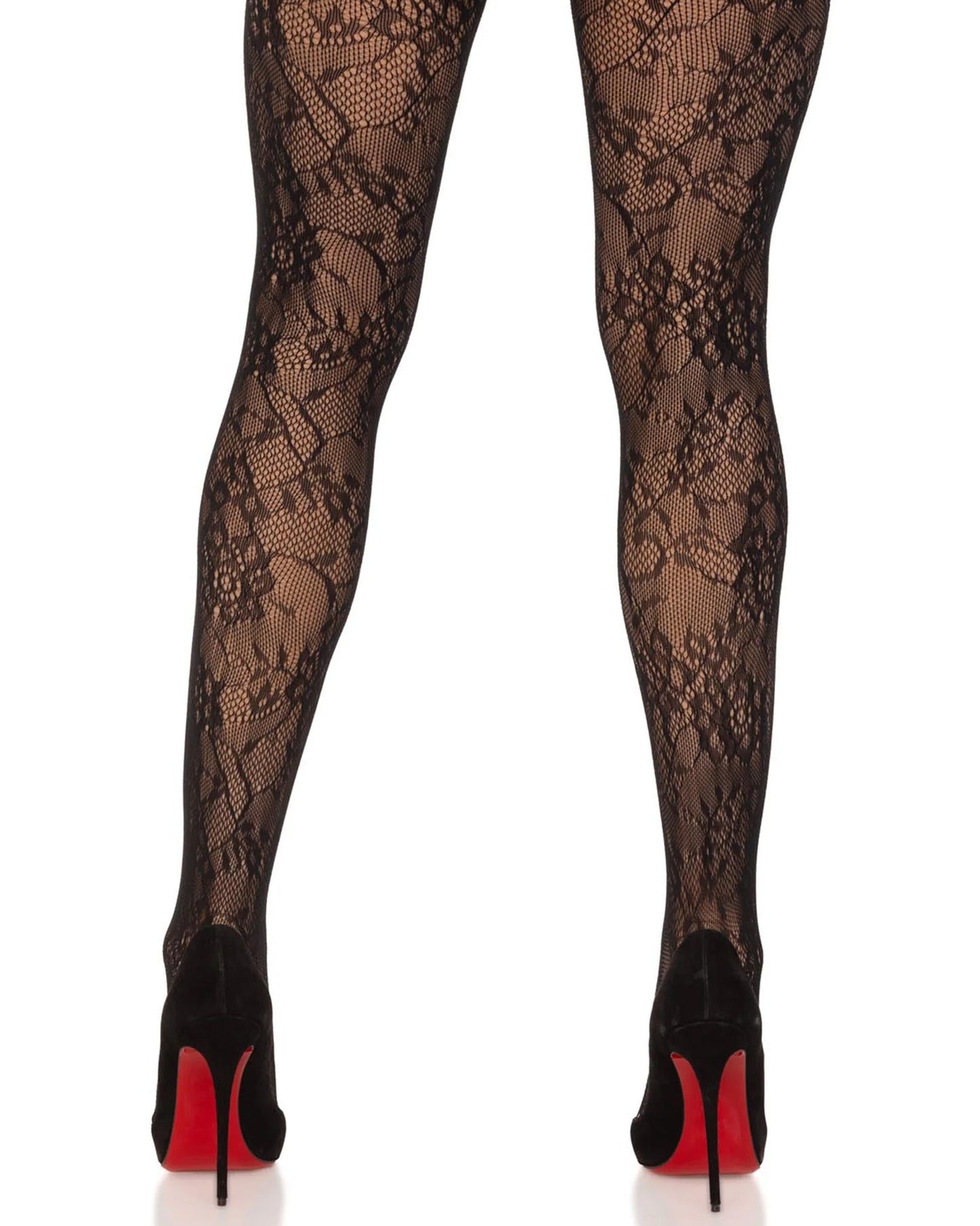 Leg Avenue Garden Rose Lace Tights - Black openwork floral lace patterned seamless tights. Back view.