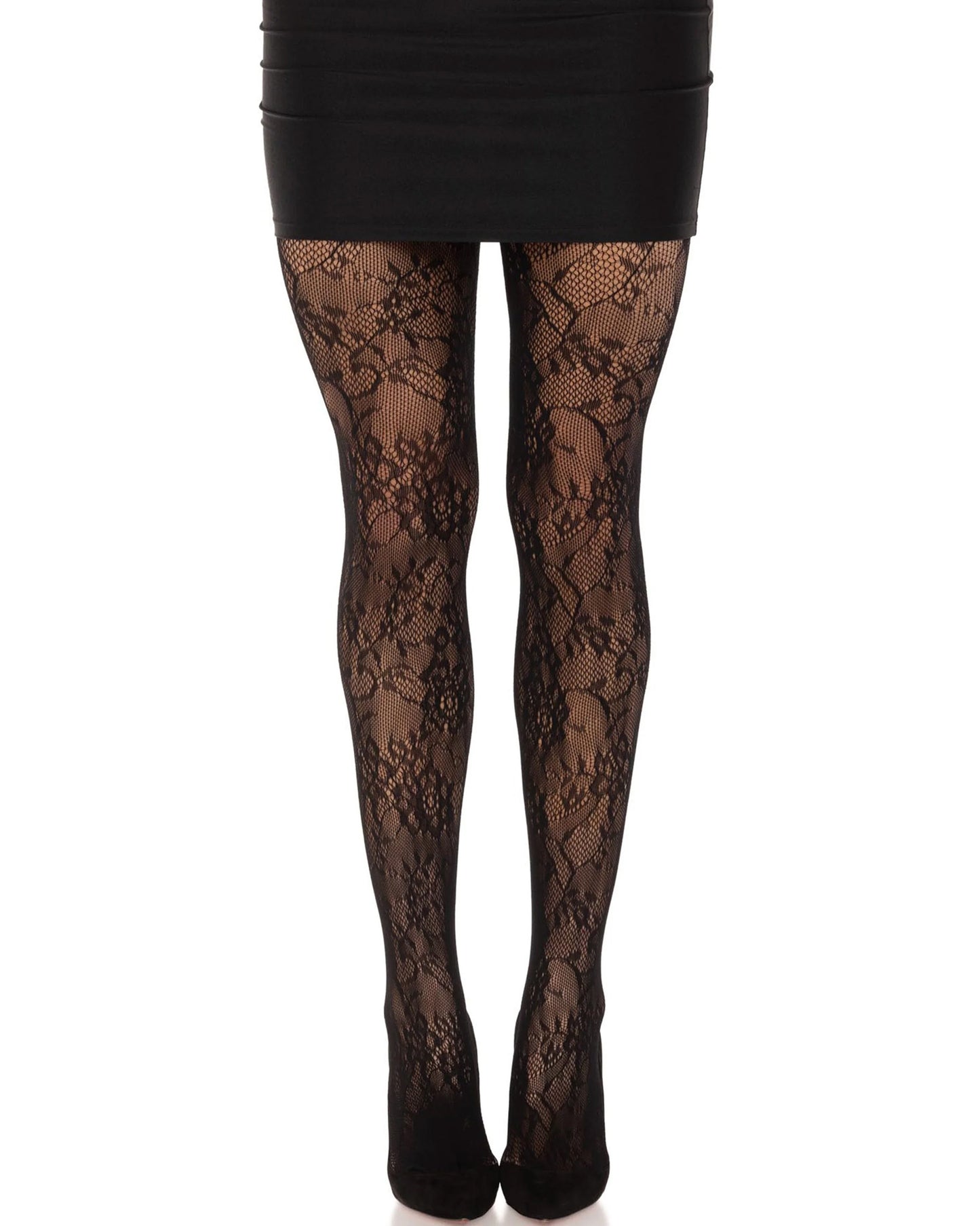 Leg Avenue Garden Rose Lace Tights - Black openwork floral lace patterned seamless tights. Worn with black mini skirt and high heels.