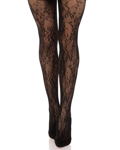 Leg Avenue Garden Rose Lace Tights - Black openwork floral lace patterned seamless tights. Front view.