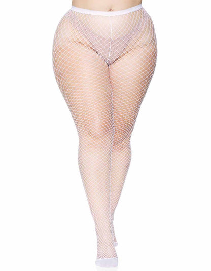 Leg Avenue 9003 Industrial Net Pantyhose - White wide diamond fishnet mesh plus size tights