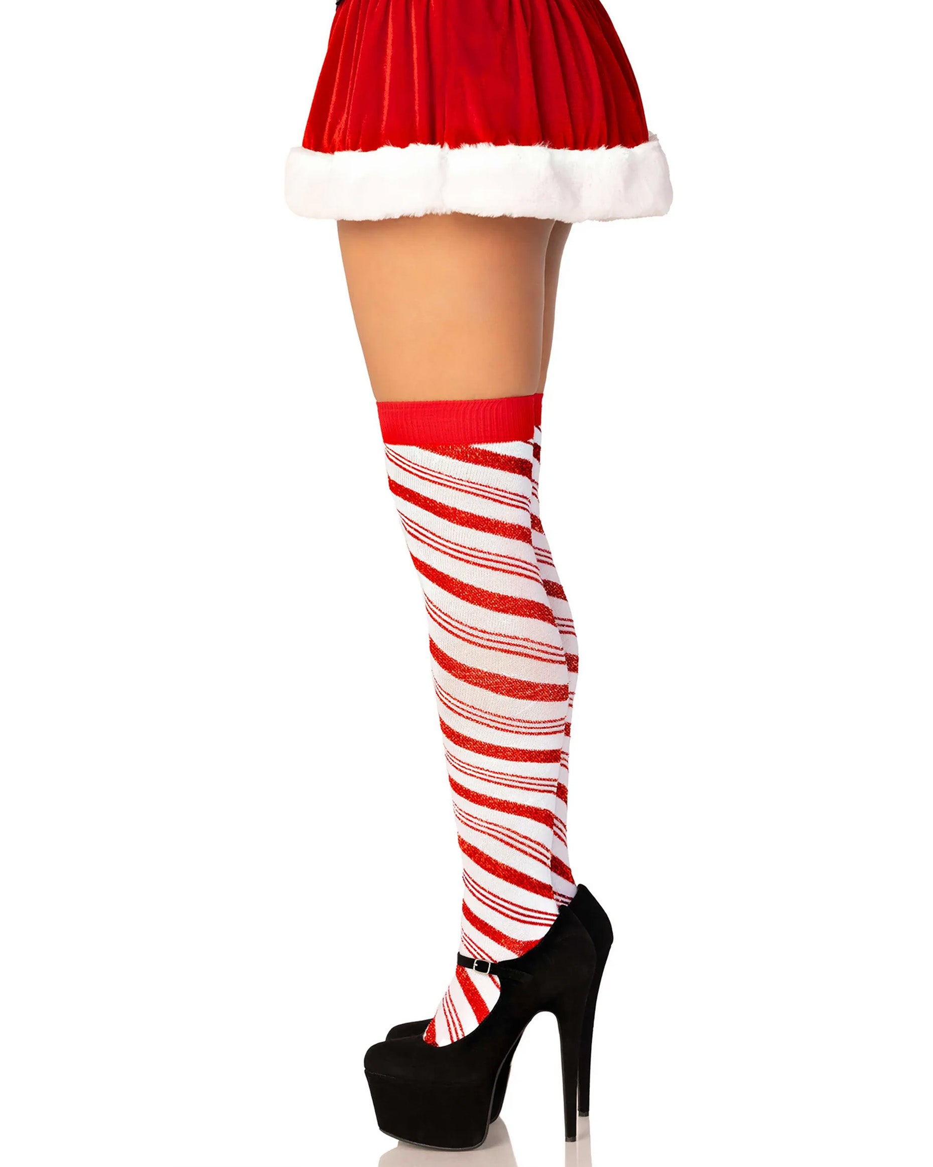 Leg Avenue Lurex Candy Cane Socks - Sparkly lamé opaque over-knee socks with a red diagonal stripe candy cane pattern, perfect for Christmas. Side view.