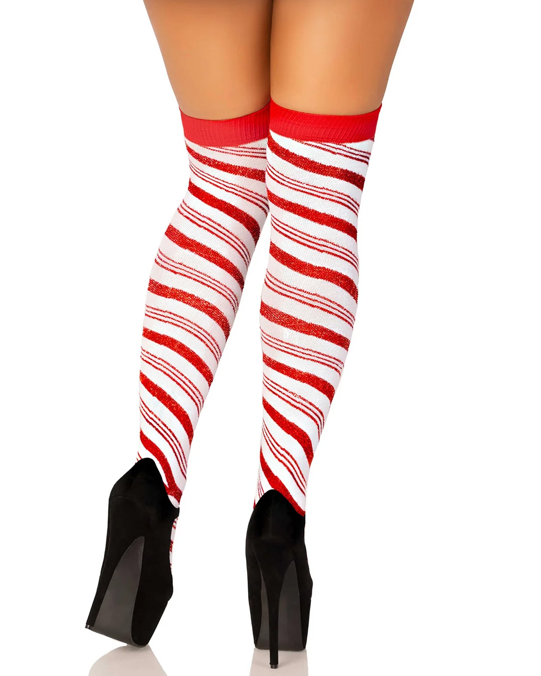 Leg Avenue Lurex Candy Cane Socks - Sparkly lamé opaque over-knee socks with a red diagonal stripe candy cane pattern, perfect for Christmas. Back view.