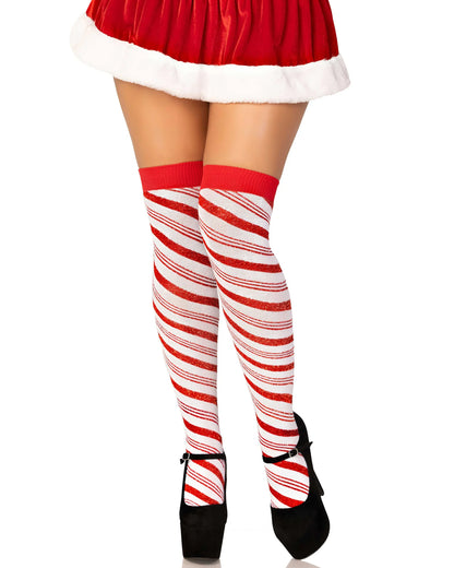 Leg Avenue Lurex Candy Cane Socks - Sparkly lamé opaque over-knee socks with a red diagonal stripe candy cane pattern, perfect for Christmas. Worn with Santa skirt and black high heels.