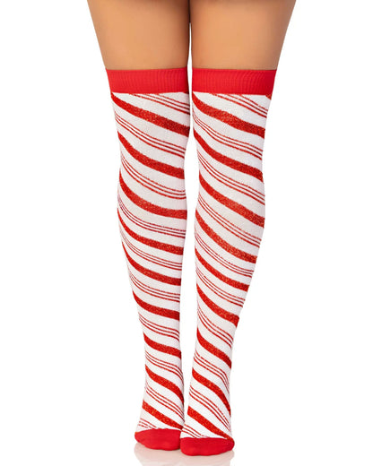 Leg Avenue Lurex Candy Cane Socks - Sparkly lamé opaque over-knee socks with a red diagonal stripe candy cane pattern, perfect for Christmas.