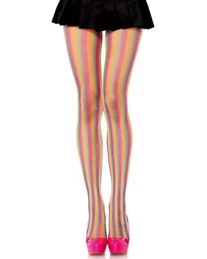 Leg Avenue Rainbow Fishnet Tights - Classic fishnet tights with vertical rainbow coloured stripes. Worn with black pleated mini skirt and pink stiletto shoes.