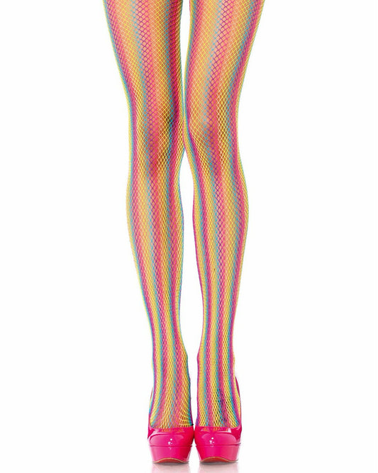 Leg Avenue Rainbow Fishnet Tights - Classic fishnet tights with vertical rainbow coloured stripes. Perfect for LGBTQ+ Gay Pride Festival