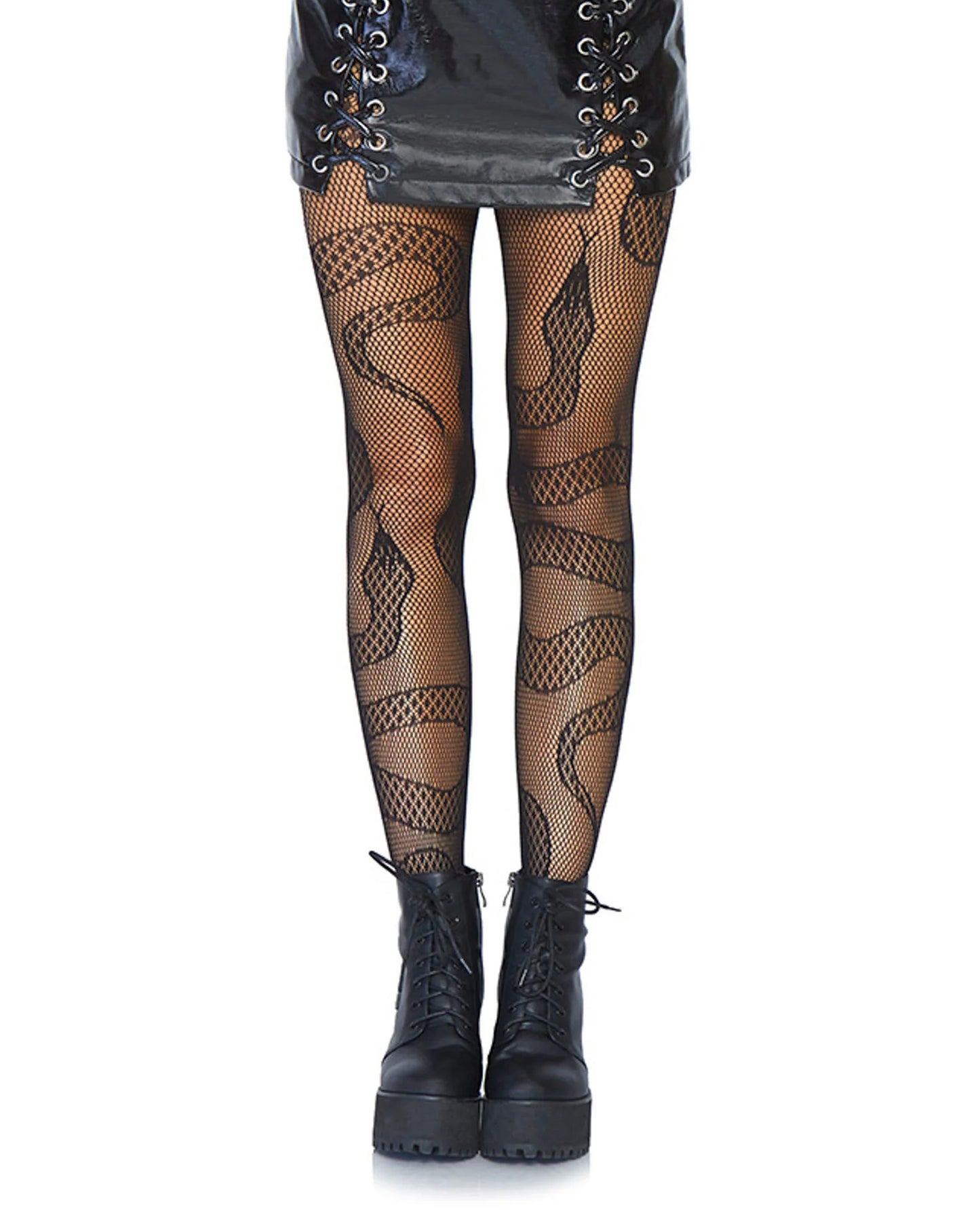 Leg Avenue Snake Net Tights - Black openwork fishnet tights with an all over snake pattern. Worn with leather lace up mini skirt and black boots.