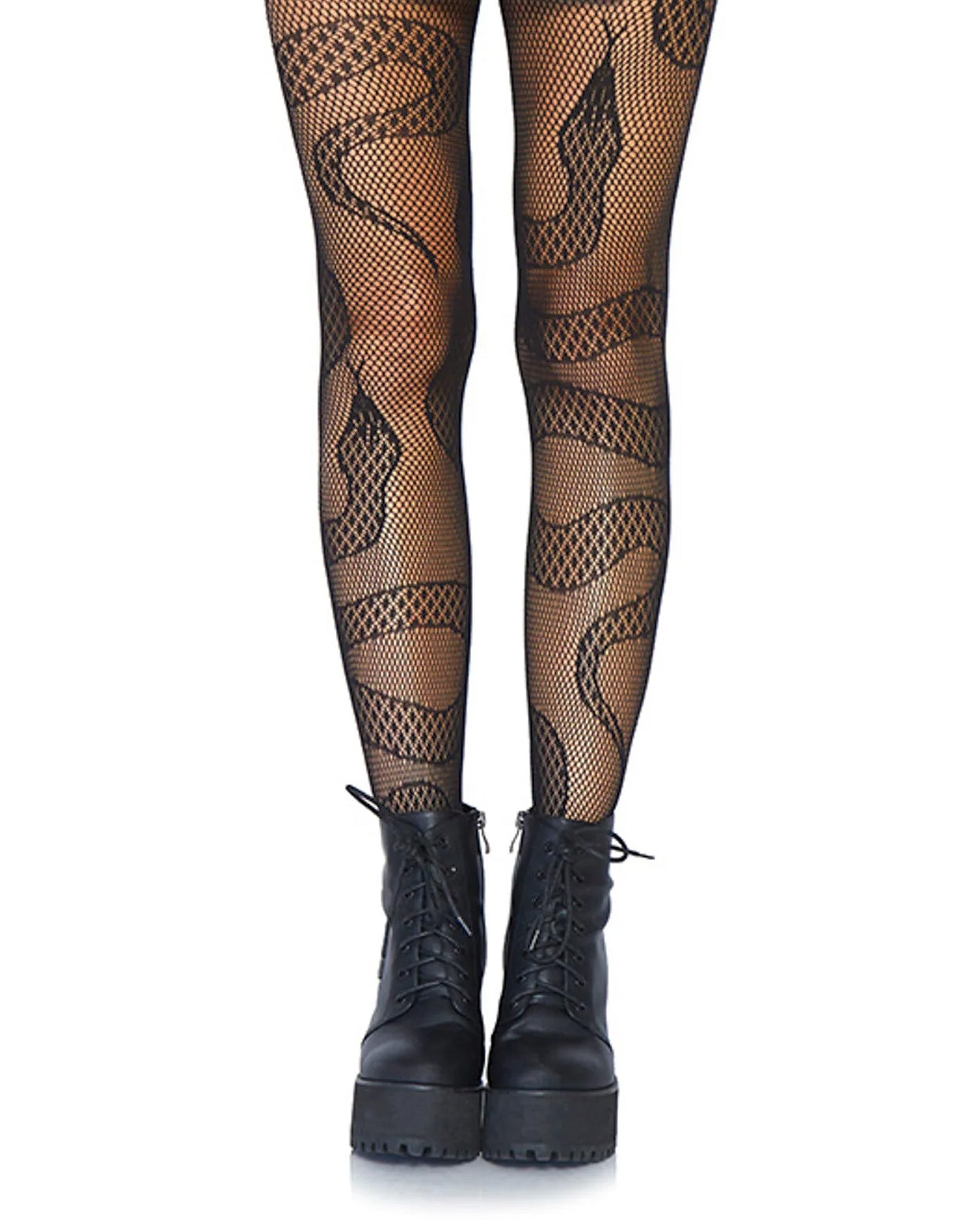 Leg Avenue Snake Net Tights - Black openwork fishnet tights with an all over snake pattern.