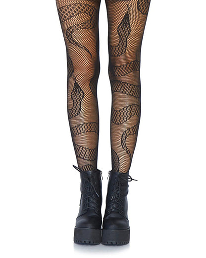 Leg Avenue Snake Net Tights - Black openwork fishnet tights with an all over snake pattern.