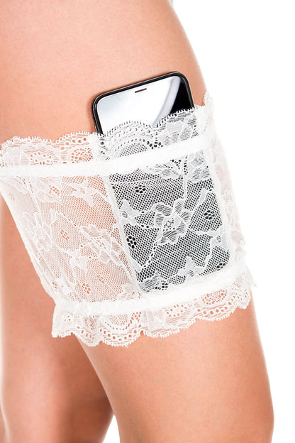 Music Legs 43004 Lace Garter Pocket - White floral lace thigh band (garter) with elasticated edge and a strip of silicone, 2 internal pockets, one pocket is perfect for storing your phone or insulin pump and the other for a key or money notes.