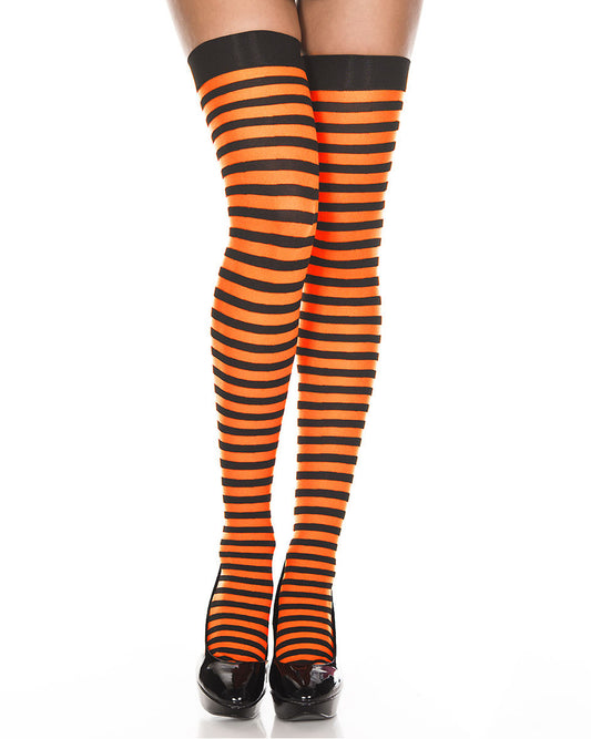 Music Legs Stripe Thigh-Highs - Orange and black horizontal striped thigh high socks with plain elasticated cuff.