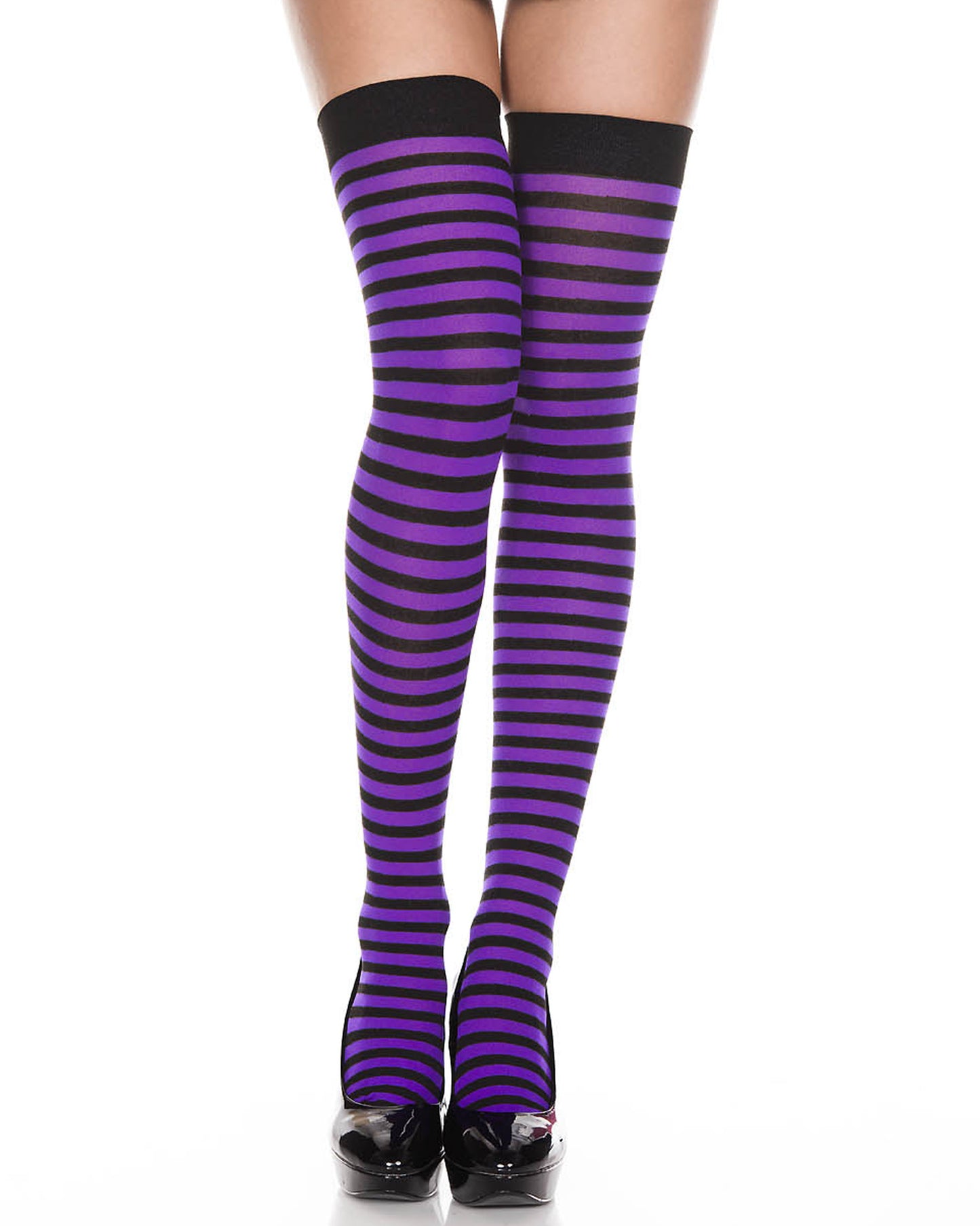 Music Legs Stripe Thigh-Highs - Purple and black horizontal striped thigh high socks with plain elasticated cuff.