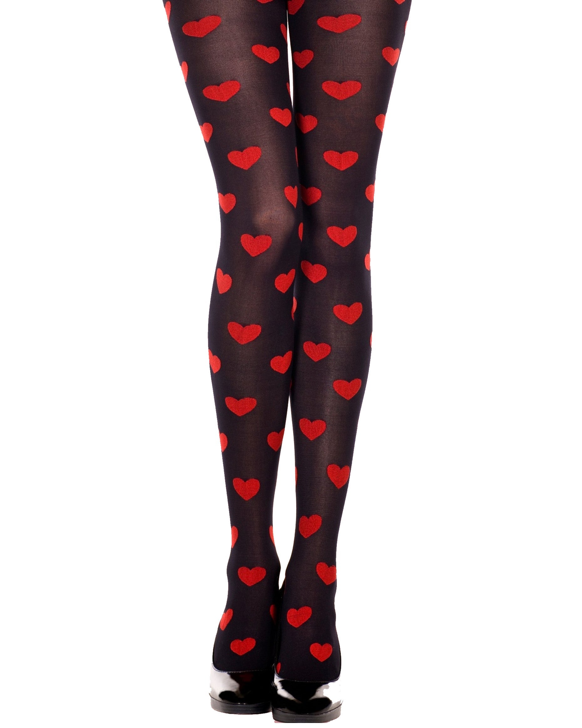 Music Legs Heart Pantyhose - Black opaque fashion tights with an all over red heart patterned, perfect for Valentine's Day.