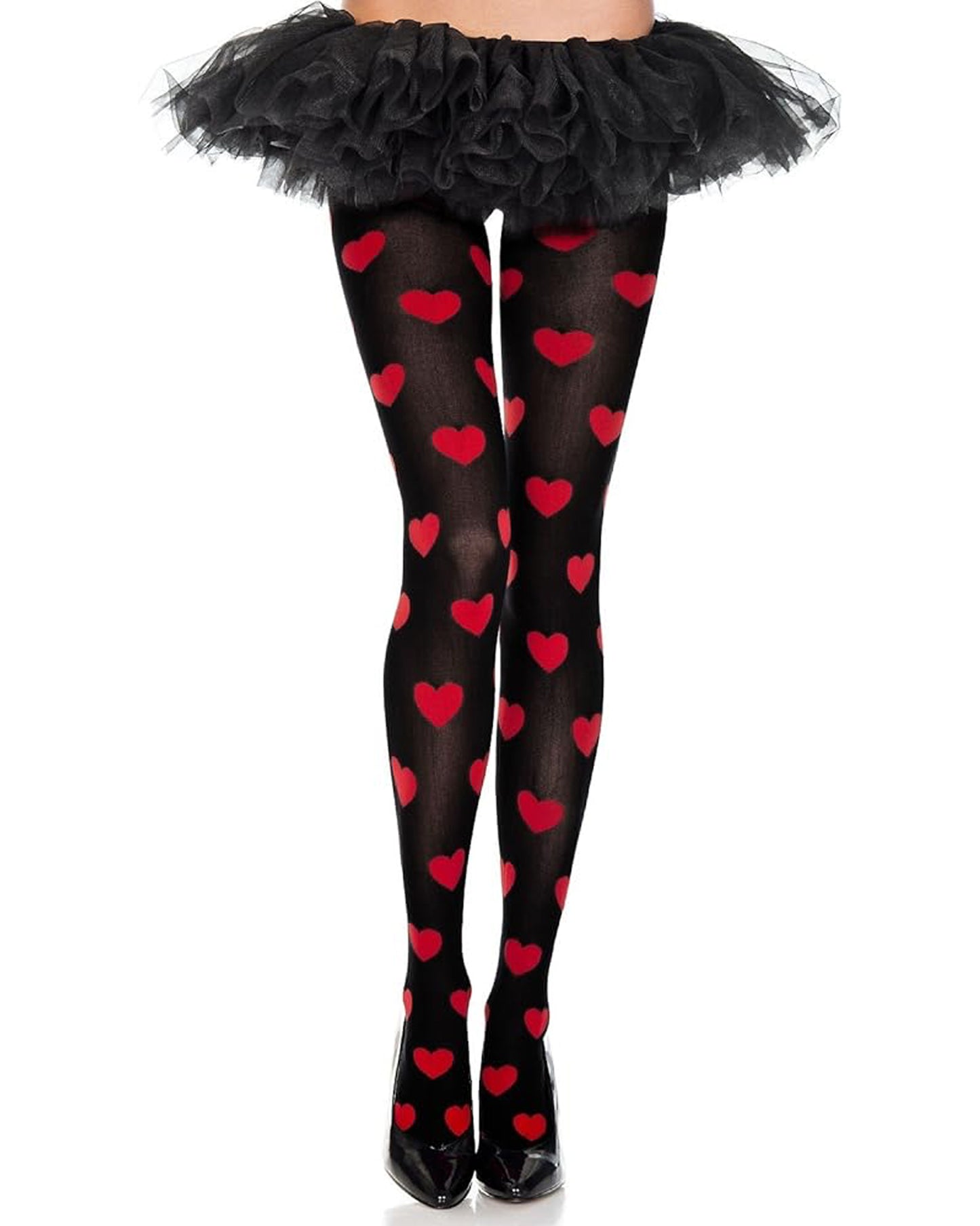 Music Legs Heart Pantyhose - Black opaque fashion tights with an all over red heart patterned, perfect for Valentine's Day. Worn with black tutu and black heels.