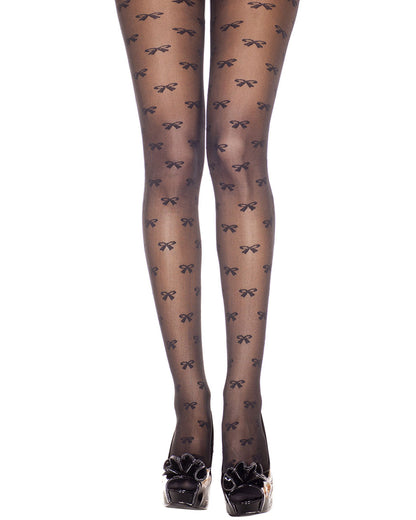 Music Legs Bow Tights - Sheer black fashion tights with an all over woven bow style pattern.