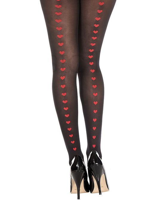 Music Legs Heart Back-Seam Tights - Black opaque fashion tights with a red heart vertical stripe up the back/front of the leg, perfect for Valentine's Day.