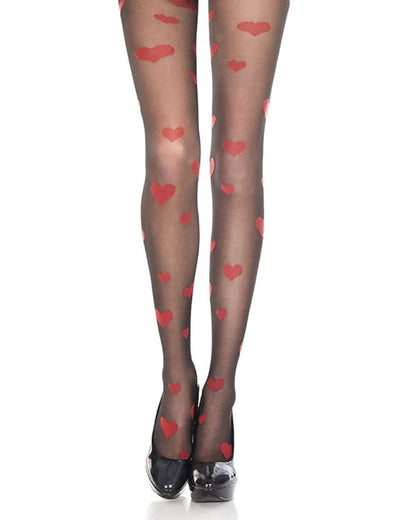 Music Legs Heart Patterned Tights - Sheer black fashion tights with an all over woven red hearts pattern, perfect for Valentine's Day.