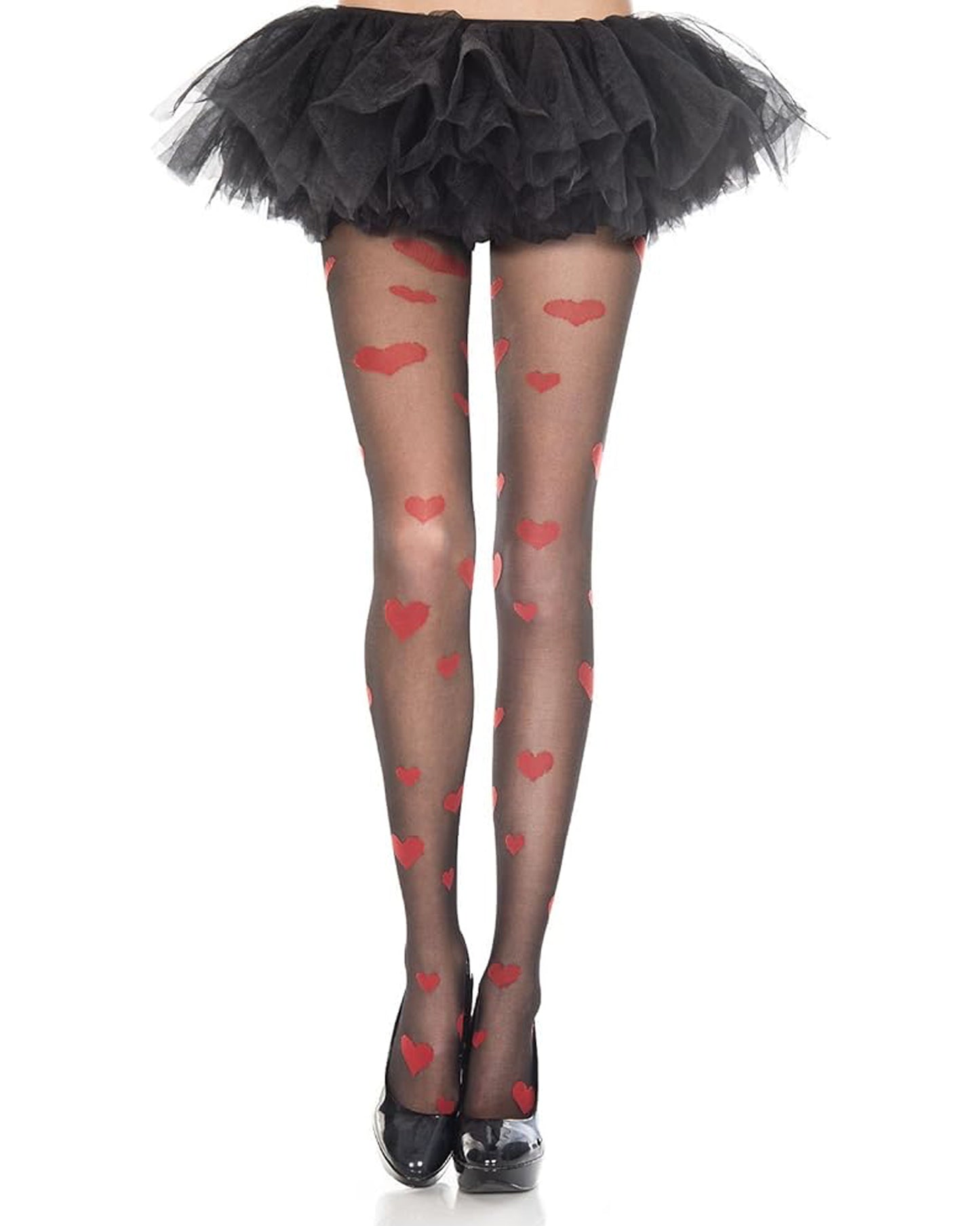 Music Legs Heart Patterned Tights - Sheer black fashion tights with an all over woven red hearts pattern, perfect for Valentine's Day. Worn with a black tulle petticoat and black stilettos 