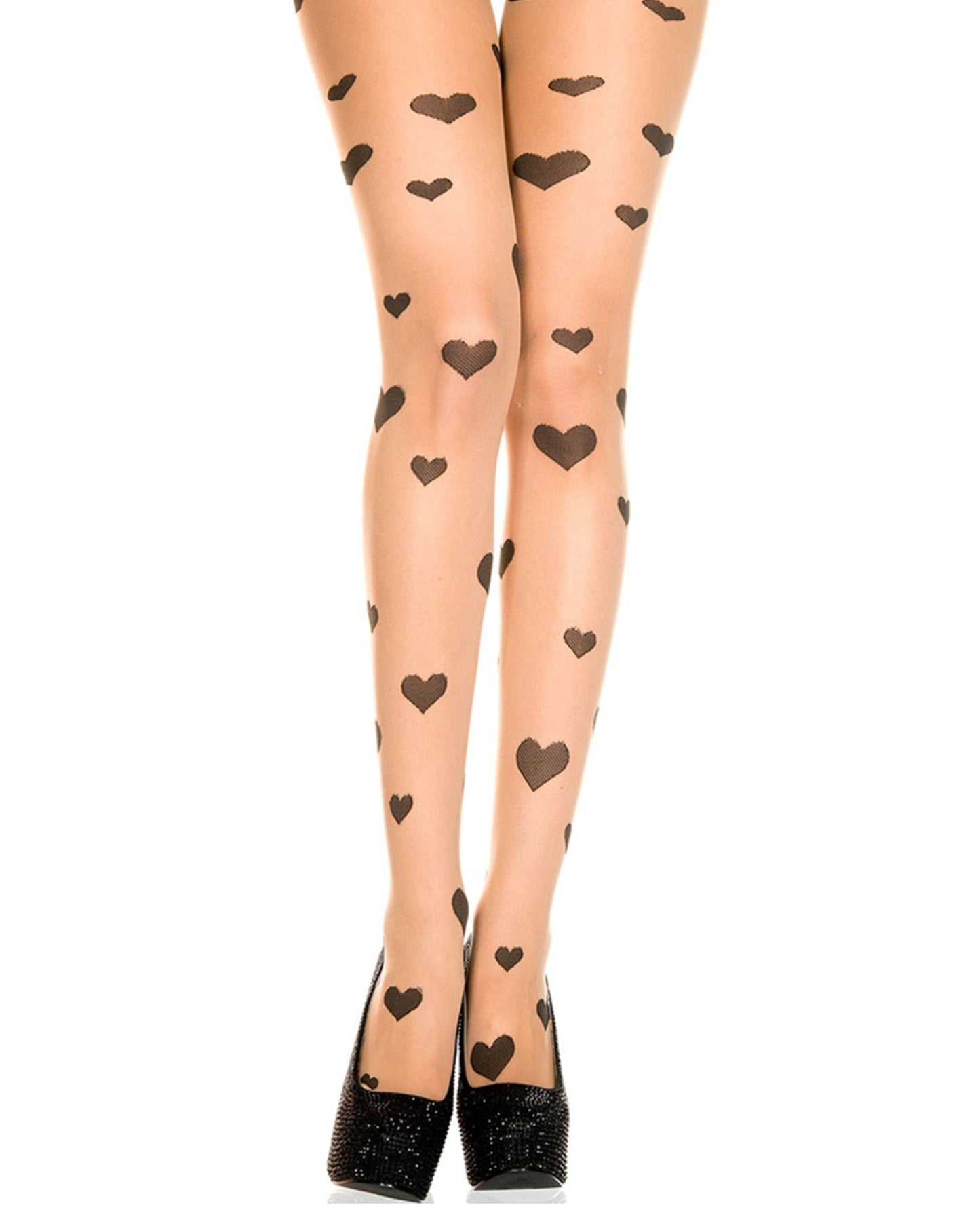 Music Legs Heart Patterned Tights - Sheer nude fashion tights with an all over woven black hearts pattern, perfect for Valentine's Day.