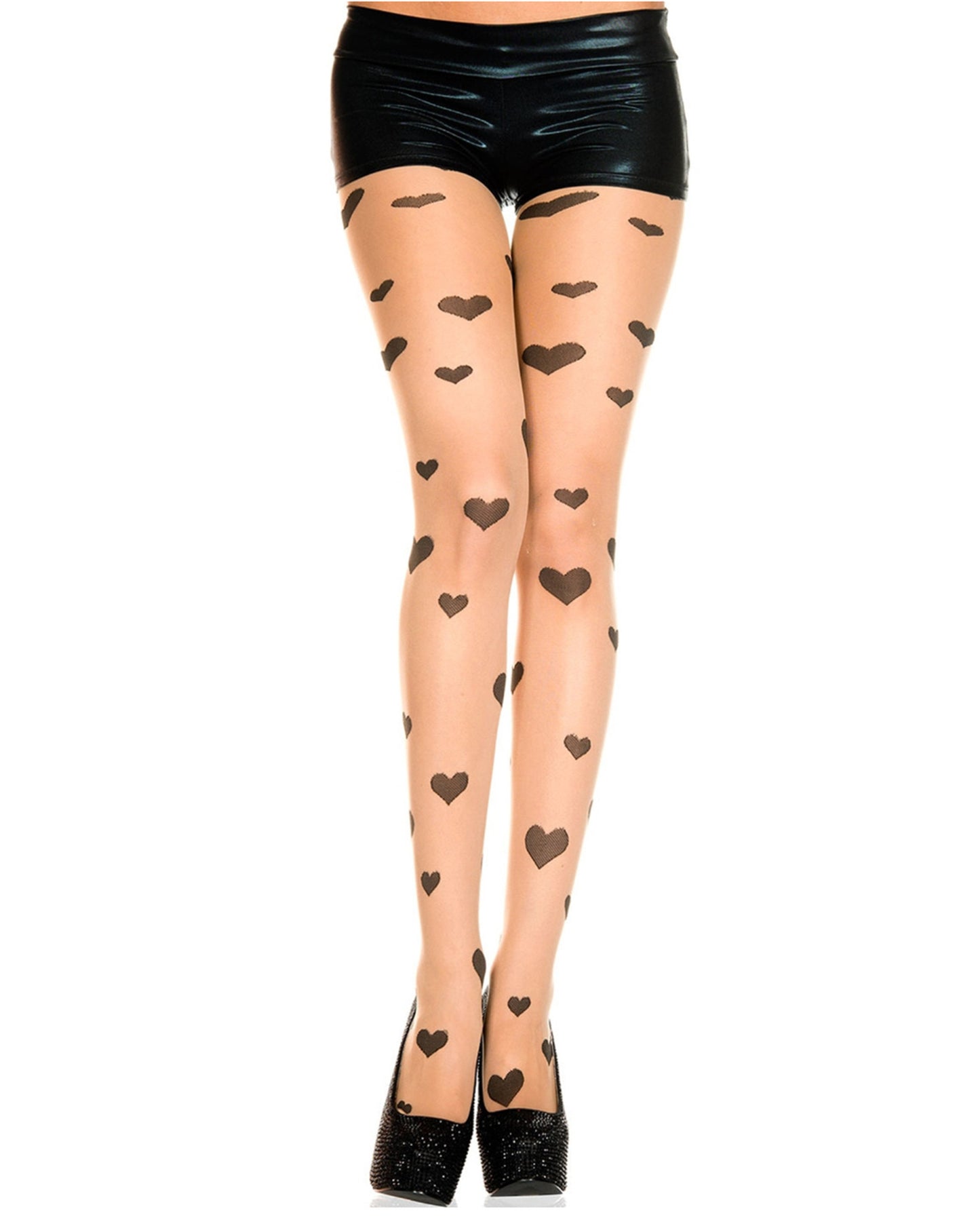 Music Legs Heart Patterned Tights - Sheer nude fashion tights with an all over woven black hearts pattern, perfect for Valentine's Day. Worn with black shiny hot pants and black stilettos 