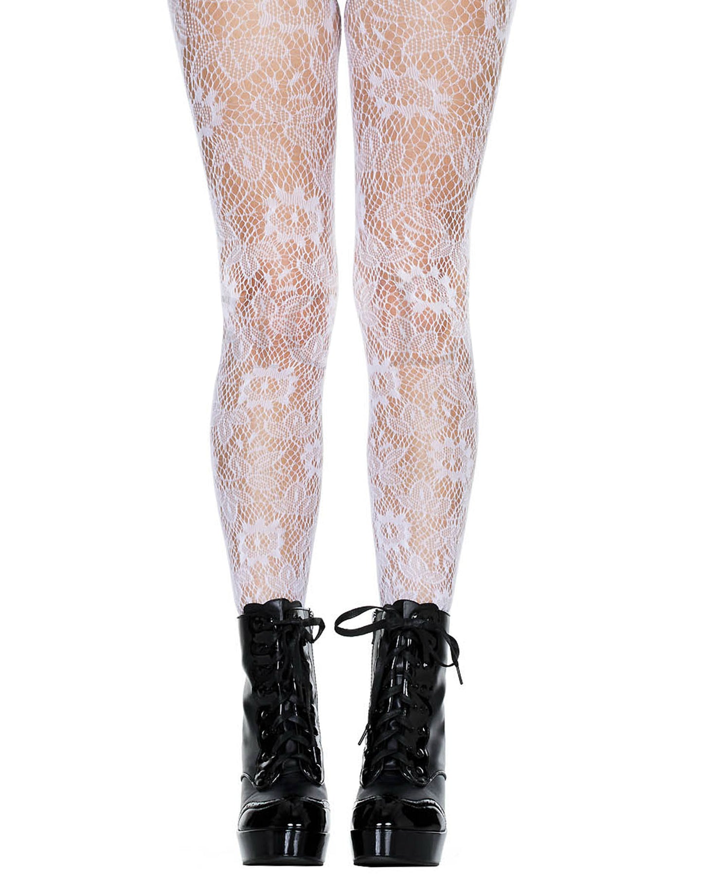 Leg Avenue Botanical Lace Pantyhose - White openwork floral lace fishnet tights. Worn with black patent leather high heal lace up boots.