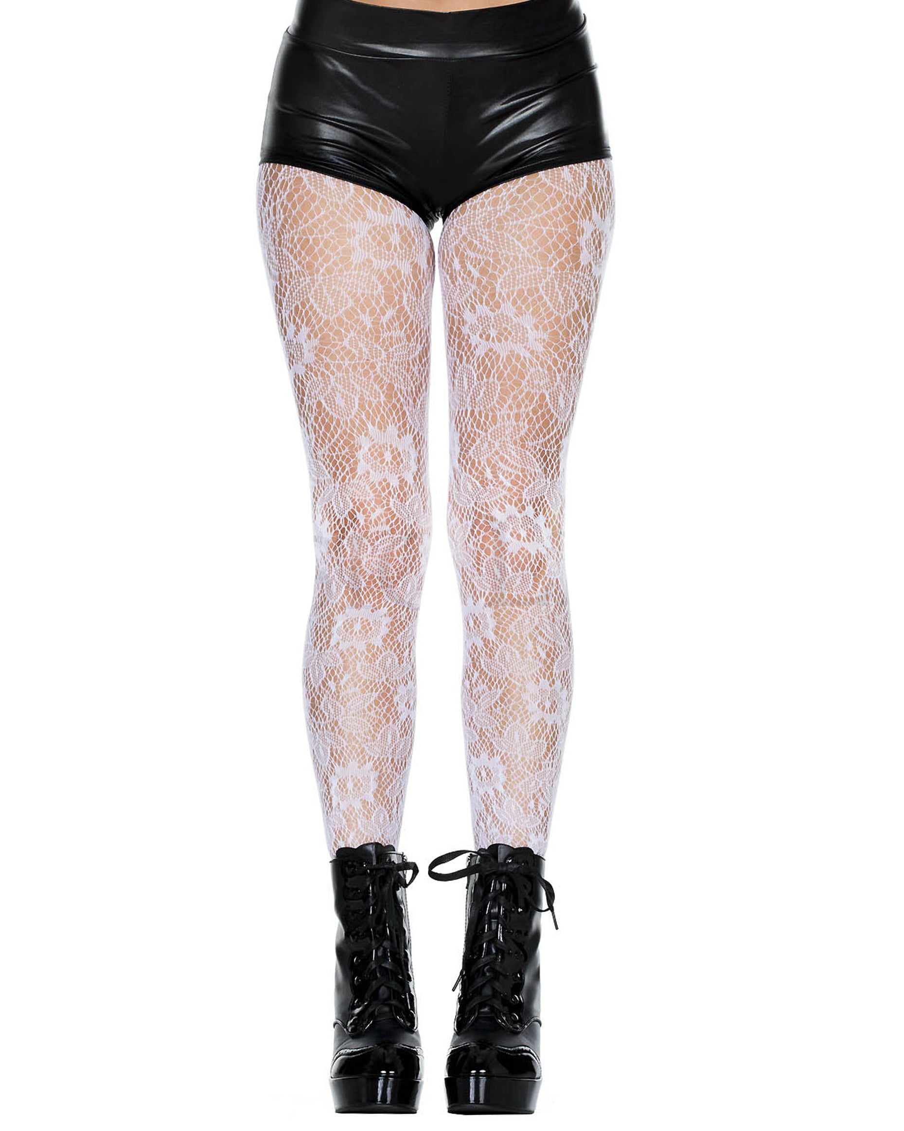 Leg Avenue Botanical Lace Pantyhose - White openwork floral lace fishnet tights. Worn with black patent leather high heal lace up boots and faux leather hot pants