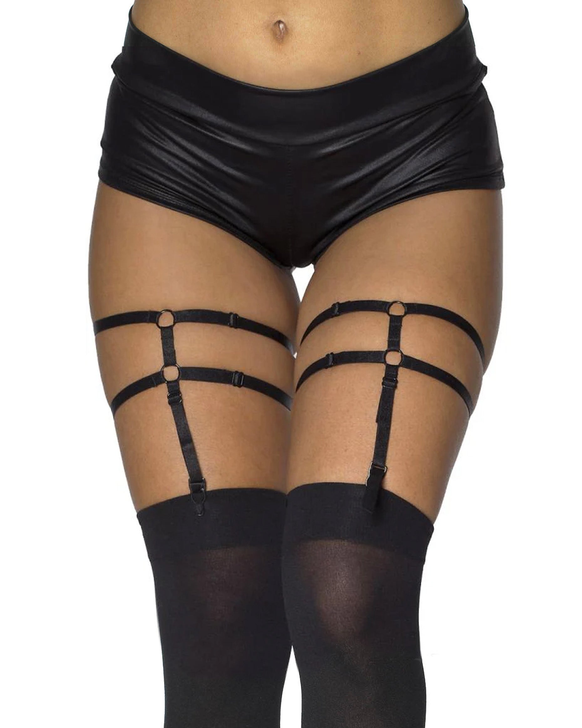 Music Legs Double Leg Harness - Black double strap adjustable leg suspenders for keeping up stockings and thigh-high socks. Worn with black opaque stockings and shiny hot pants