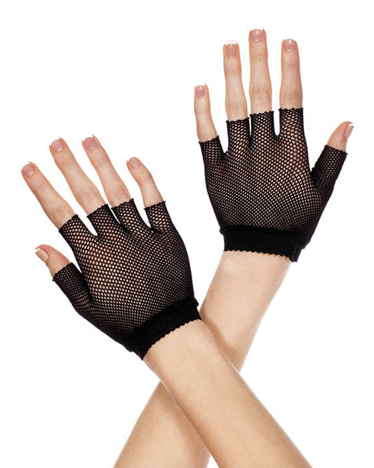 Music Legs Fishnet Fingerless Gloves - Short black micro fishnet fingerless gloves with scalloped edge elasticated cuff.