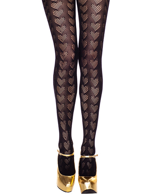 Music Legs Heart Net Pantyhose - Black openwork crochet style fashion tights with an all over cutout heart pattern.