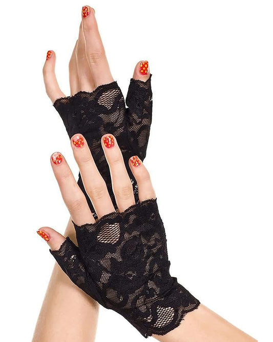 Music Lega Lace Fingerless Gloves - Black floral lace wrist length gloves with one hole for the thumb and another for the rest of the fingers.