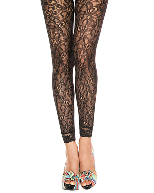 Music Legs Lace Seamless Footless Tights - Black openwork floral fishnet style footless tights with a real lace cuff.