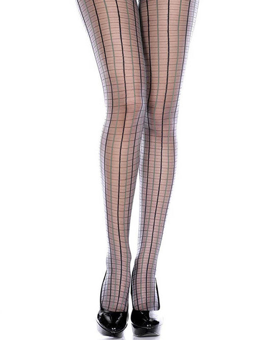 Music Legs Sheer Plaid Tights - Sheer grey tights with a woven plaid/check style pattern in black and green.