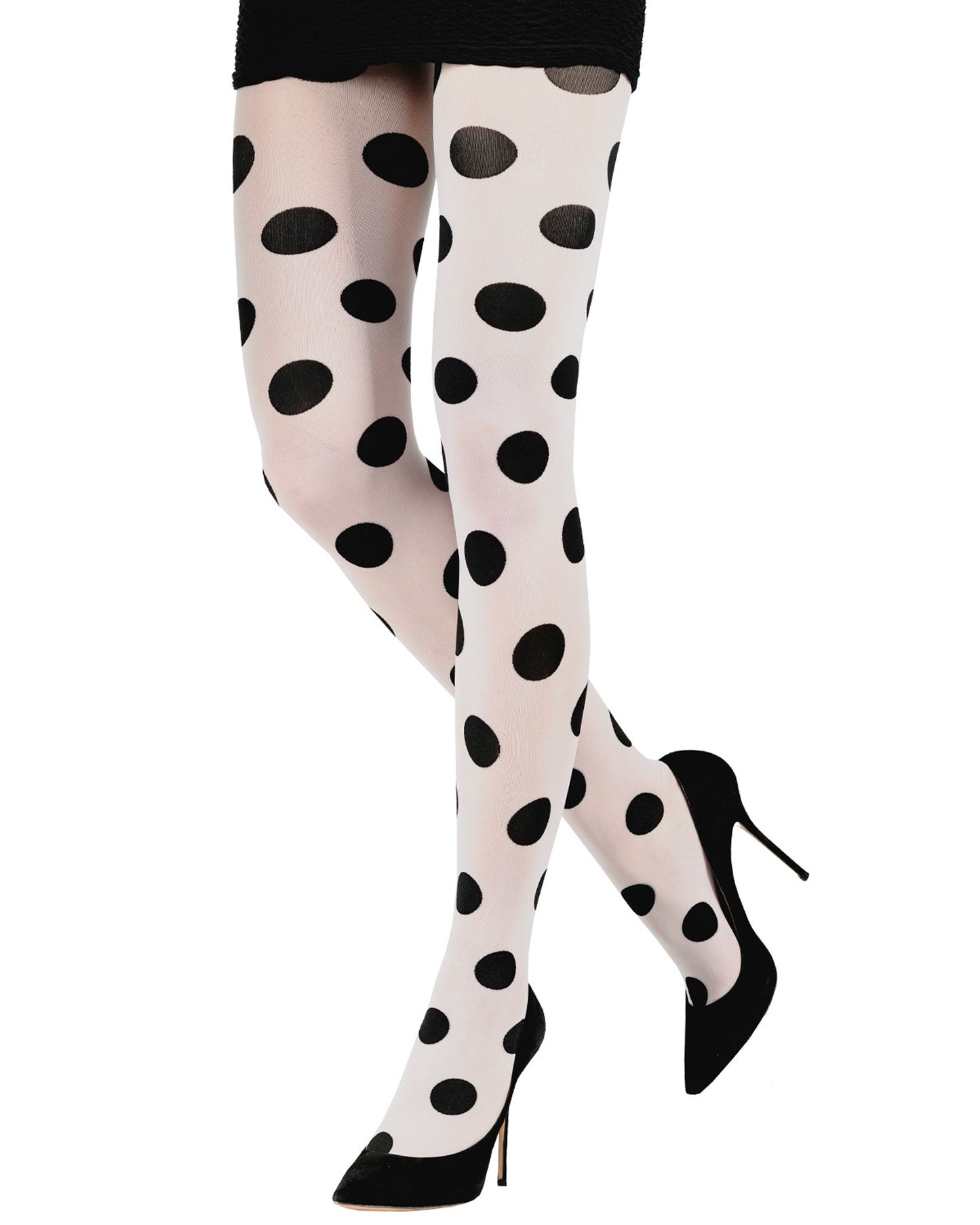 Emilio Cavallini Large Dot Tights - White opaque tights with all over large polka dot pattern, worn with black mini skirt and black stilettos