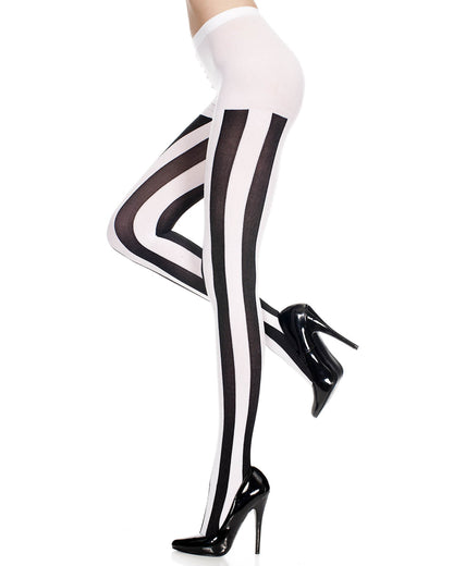 Music Legs Vertical Stripe Tights - White tights with black vertical stripe pattern and plain white brief top.